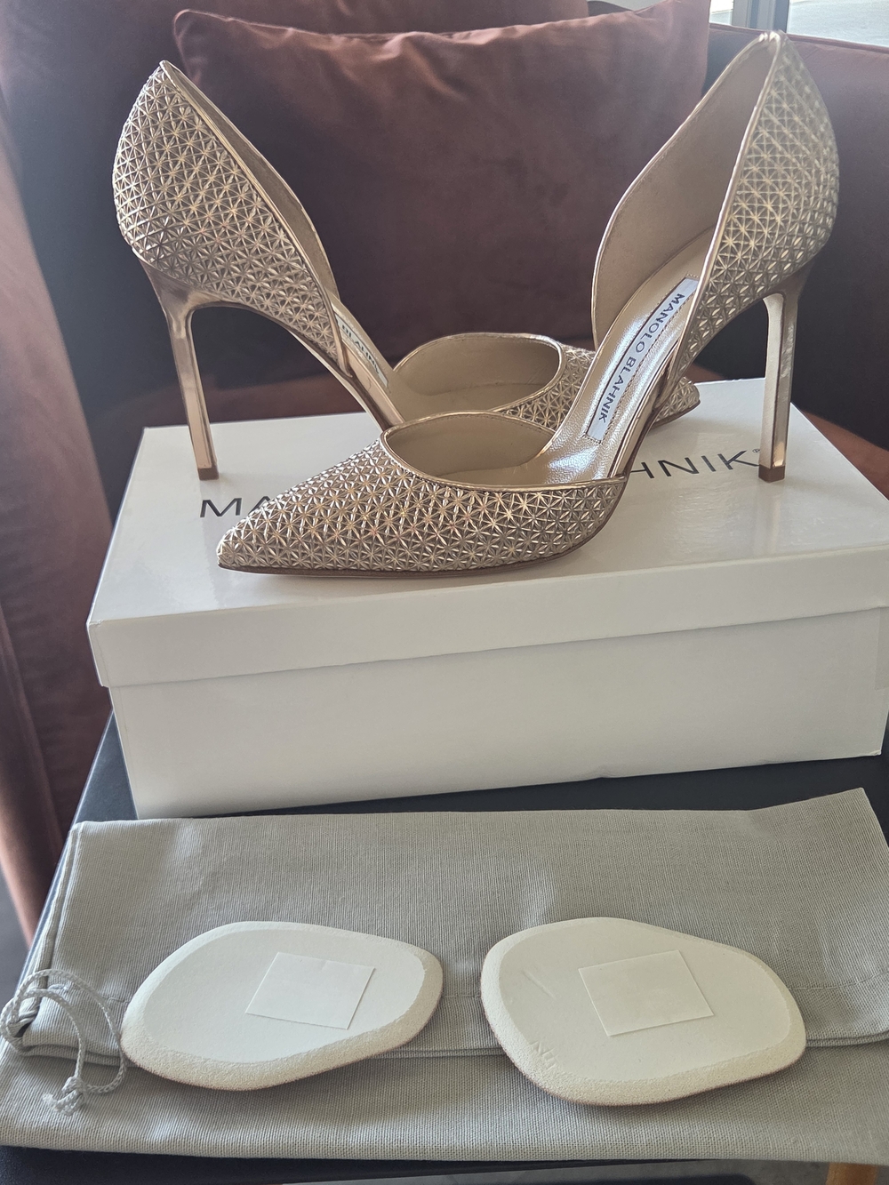 Manolo Blahnik Rose Gold D'Orsay Pointed Toe Pumps